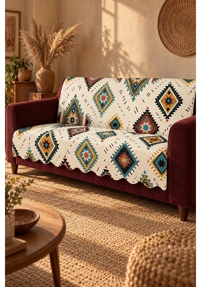 Çok Amaçlı Kadife Koltuk Örtüsü Kaymaz Süngerli 165x215 Cm Modern Bohem Çekyat Şalı Piknik Masa Örtüsü Alk13 krem