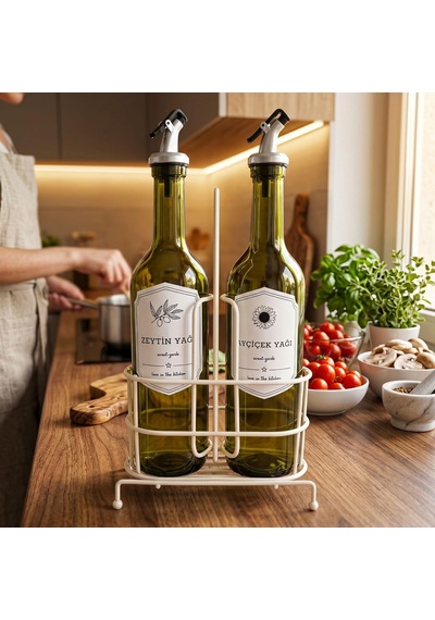 Lexroo 750 Ml 2 Li Yağdanlık Seti Ve Beyaz Metal Stand, Zeytinyağı Ayçiçek Yağı Şişesi