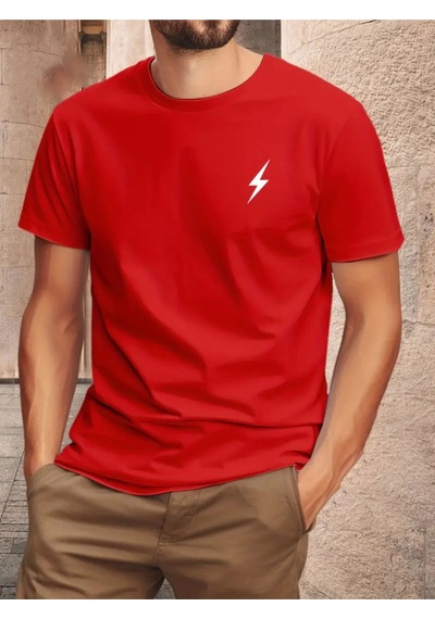 Unisex Pamuklu Sihirli Çizgi Ön Baskılı Tasarım Tshirt Kırmızı