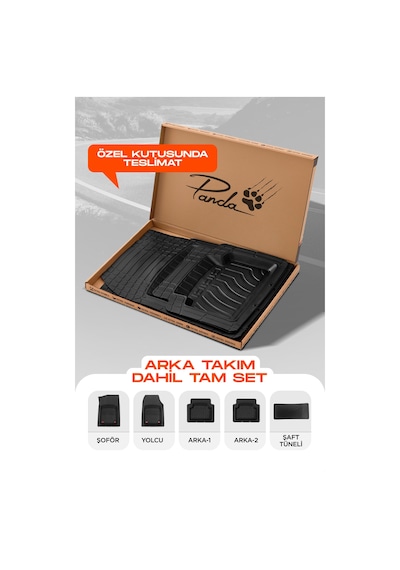 Siyah - Siyah Panda 4d Unıversal Oto Paspas Takımı Kaymaz, Şaft Tünelli, Derin Havuzlu
