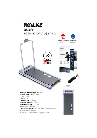 Walke W-fit Purple Bluetoothlu Uygulamalı Uzaktan Kumandalı Koşu Bandı Yürüyüş Bandı Mor
