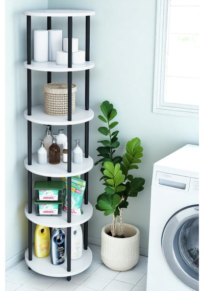 6 Raflı Yuvarlak Banyo Dolabı Rafı Banyo Düzenleyici Banyo Kileri Havlu Dolabı, Kolay Kurulum Beyaz