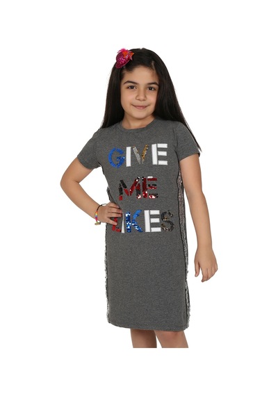 Toontoy Kız Çocuk Gıve Me Pul Nakışlı Elbise Antrasit Melanj