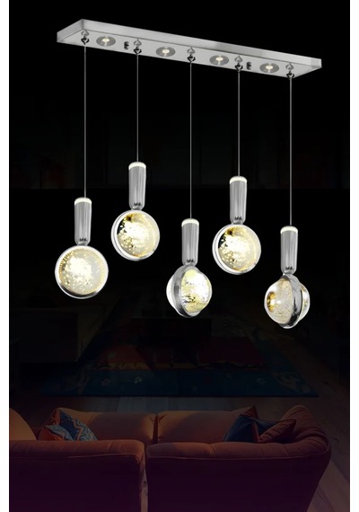 Florya Modern 5'li Sıralı Kristal Camlı Spotlu 70 Cm Led Yemek Masası Avizesi Fly-5s70-w73 Krom
