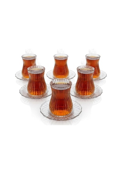 12 Parça Çay Seti - 6 Adet Fitil Desenli Cam Çay Bardağı Ve 6 Adet Cam Çay Tabağı - Isıya Dayanıklı Çay Takımı çok renkli