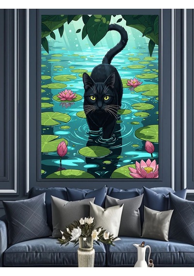 Ahşap Tablo Kara Kedi Göl Silüeti
