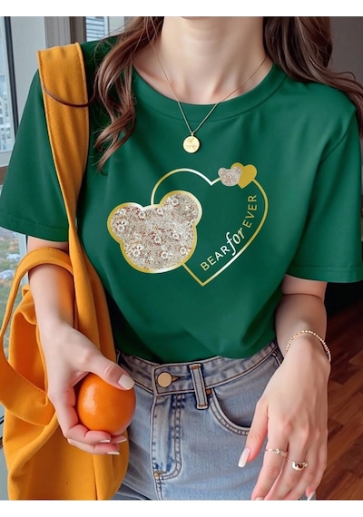 Flood Of Style Kadın Nefti Yeşili Bear For Ever Baskılı Oversize Yeşil