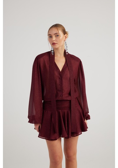 Holly Lolly Simli Kumaş Fırfırlı Mini Vanesa Elbise Bordo