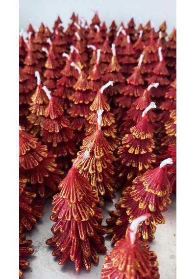 Petekoğlu Doğal Petek Balmumu Mum Kırmızı Altın Simli Çam Ağacı Boy 8.5 Cm Bal Mumu Beeswax Candle Diğer