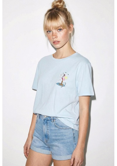 Shade Kadın Pamuk El İşi Flamingo Nakış Detaylı  Tasarım T-shirt 1004 60282049 - Bebe Mavisi L