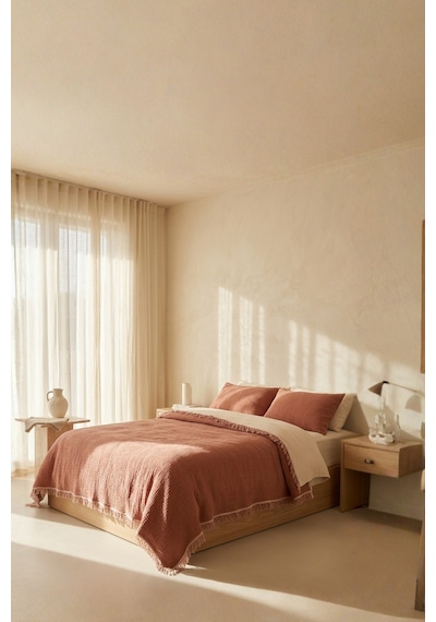 Natura Soft Ekru 4 Kat Müslin Çift Kişilik Yatak Örtüsü 220x230 Cm %100 Pamuk Çok Amaçlı Koltuk Örtüsü Ve Tv Battaniyesi Kırmızı