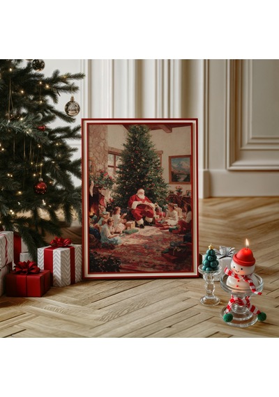 Vintage Noel Baba Duvar Sanatı, Klasik Yağlıboya Tatil Posteri