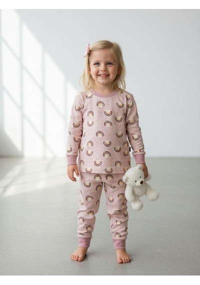Kız Çocuk Pamuklu Gökkuşağı Desenli Pijama Takımı-16274 Renkli