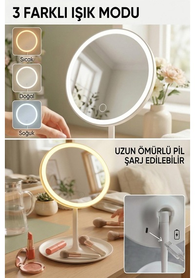 Ledli Yuvarlak Ayna Işıklı Mini Makyaj Aynası 3 Farklı Işık Modu 18 Cm Çok Renkli