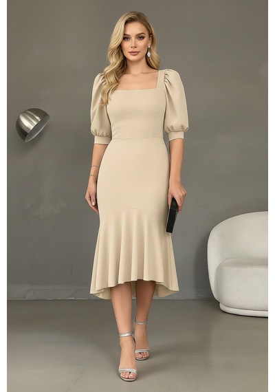 Defymoda Kadın Balık Model Cazibeli Elbise Bej