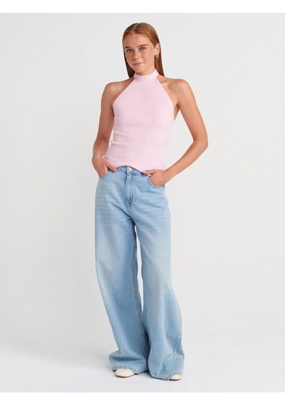 Dilvin 10798 Halter Bağlamalı Yaka Fitilli Triko Bluz-pembe Pembe