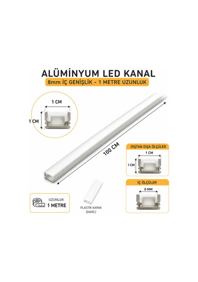 Alüminyum Led Kanal 1m 8mm İç Genişlik 10mm Dış Ölçü Şerit Led Profil Kapaklı