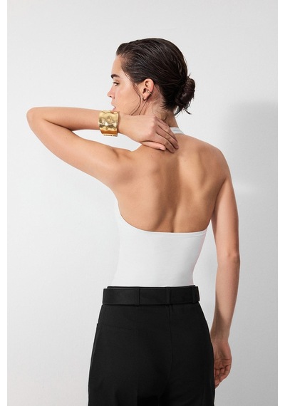 Vatkalı Derin V Yaka Bodysuit-16648 Ekru