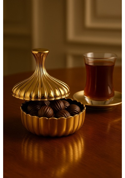 Elta Collection Titanyum Gold Kaplama Cam Şekerlik Lokumluk, Reçellik, Sunumluk 13 Cm Altın