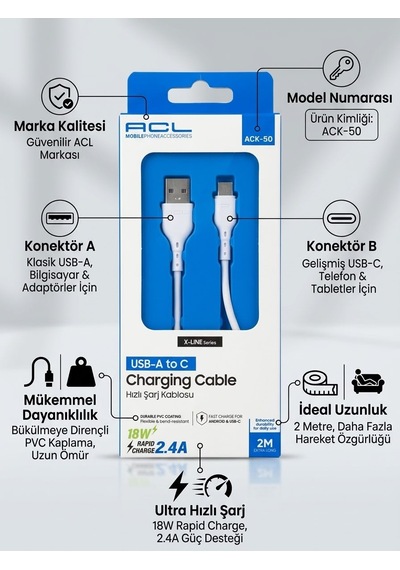 Ack-50 2.4a Ultra Hızlı Şarj Ve Veri Kablosu - 2m - Lisinya
