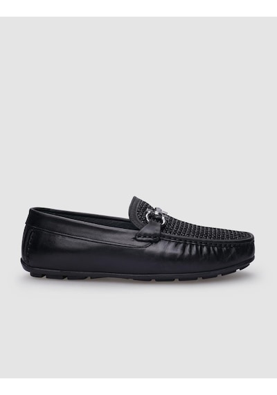 Cabani Borgino %100 Hakiki Deri Siyah Örgü Detaylı Erkek Loafer
