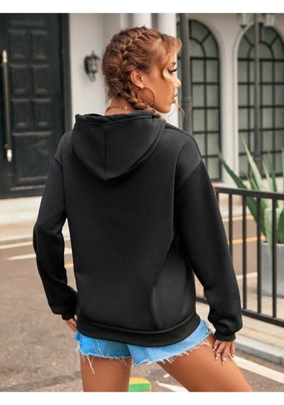 Kadın Kalp Çizgi Baskılı Oversize Kapşonlu Sweatshirt Siyah