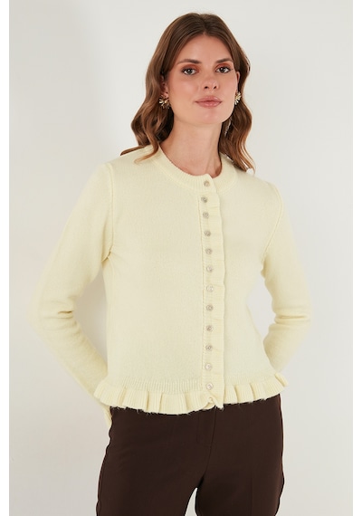 Lela Premium Pile Detaylı Regular Fit Yuvarlak Yaka Triko Bayan Hırka 680Hi00038 Sarı