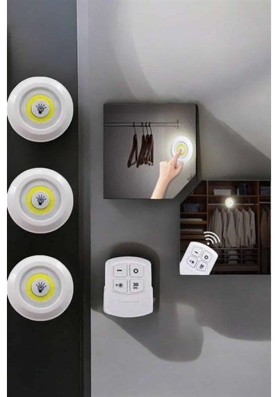 Spot Lamba Led Işık 3'lü Uzaktan Kumandalı Pilli Yapışkanlı Kablosuz Yeni Nesil 1