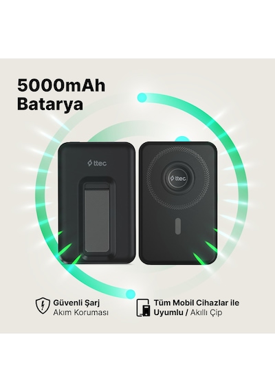 Ttec 2BB239 Recharger M 5.000 mAh Magsafe Uyumlu PD 20W Stantlı Kablosuz Taşınabilir Hızlı Şarj Aleti