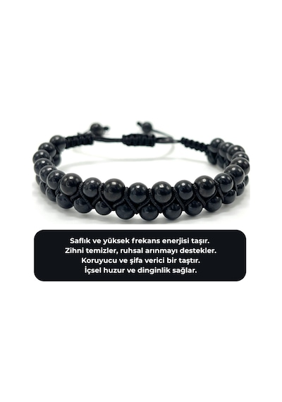Sertifikalı Shungite Çift Sıra Doğal Taş Makrome Bileklik Ayarlanabilir Ölçü Siyah