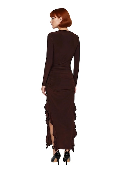 Ersefa Kadın Uzun Kollu Kayık Yaka Eteği Fırfırlı Bodycon Maxi Elbise Mo Kahverengi