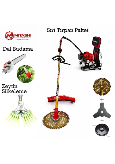 Mitashi Pro ST21 52CC 2 Zamanlı Benzinli Zeytin Silkeleme + Dal Budama + Ot Biçme Aparatlı Sırt Tırpan