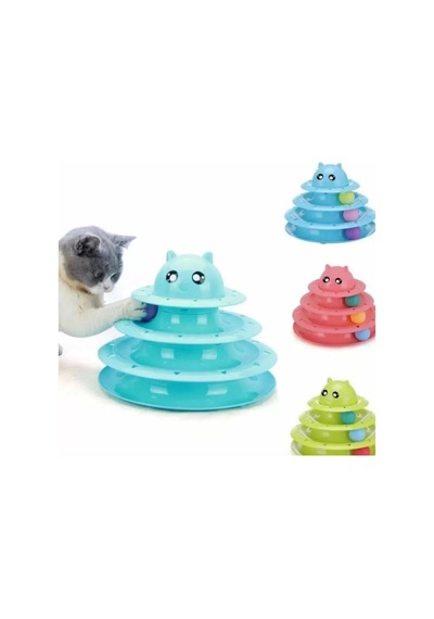 Özel Üretim Dayanıklı Kaymaz Kauçuk Pedli 3 Toplu Eğlenceli 3 Katlı Kedi Oyuncağı Mavi 19,5 Cm X 24cm