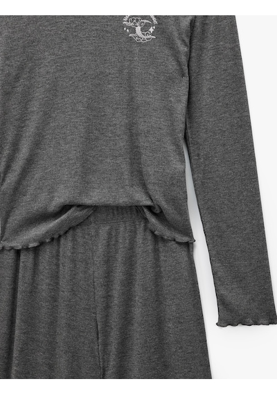 Koton Uzun Kollu Bisiklet Yaka Nakış Detaylı Pijama Takımı Antrasit Melange 6wlk40270mk Koton Uzun Kollu Bisiklet Yaka Nakış Detaylı Pijama Takımı Antrasit Melange 6wlk40270mk
