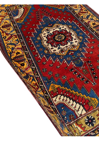 El Dokuması Eski Yaşlı Yahyalı Halısı 128x230 Kök Boyası Renkli %100 Yün Halı Kırmızı