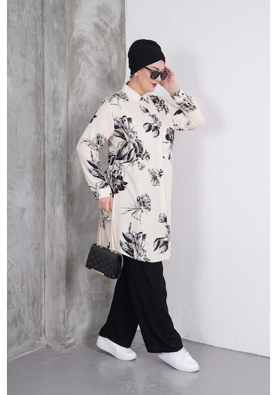 Polologin Butik Siyah Beyaz Çiçekli Tunik Pantolon Takımı Siyah & Beyaz