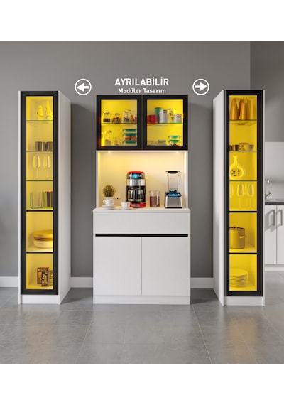 Moon Maxi Kahve Köşesi Komple Mdf Led Aydınlatmalı Mutfak Kahve Dolabı Beyaz