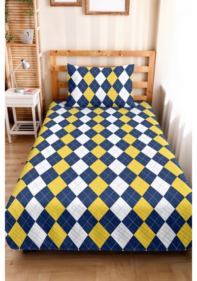Lacivert Geometrik Genç Odası Tek Kişilik Pike Takımı - Sarı Beyaz 160x220 Cm Kapitone Yatak Örtüsü Lacivert