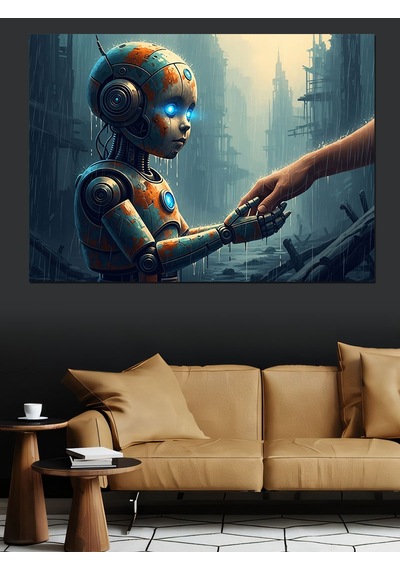 Ahşap Tablo İnsan Elini Tutan Küçük Robot