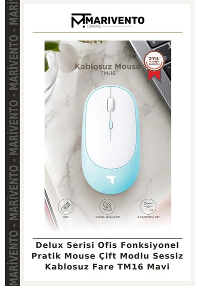 Delux Serisi Ofis Fonksiyonel Pratik Mouse Çift Modlu Sessiz Kablosuz Fare Tm16 Mavi