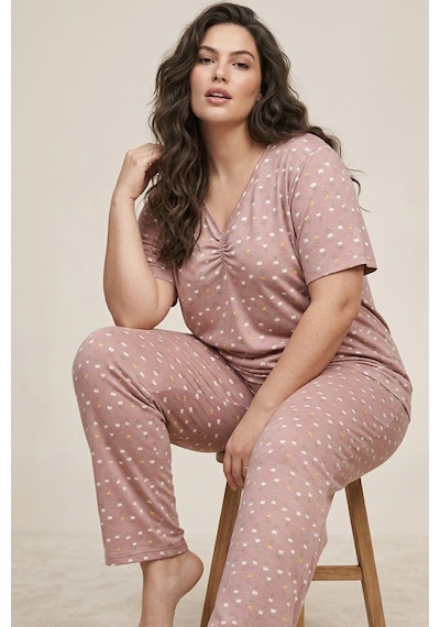 Siyah İnci Desenli Büyük Beden Battal Boy Viskon Örme Pijama Takım 26120997 Pudra