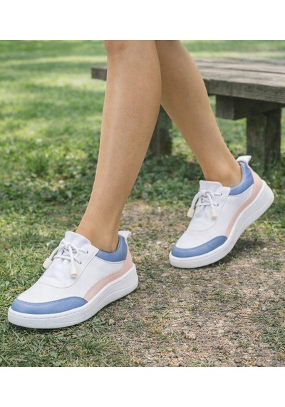 Twoegoist Kadın Hakiki Deri Spor Ayakkabı / Sneakers Beyaz - Mavi - Pembe