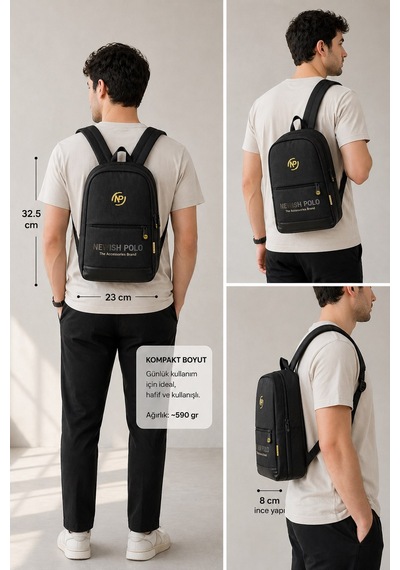 Newish Polo Unisex Minimal Sırt Çantası Laptop Bölmeli Şehir İçi Kullanım - New406 Siyah