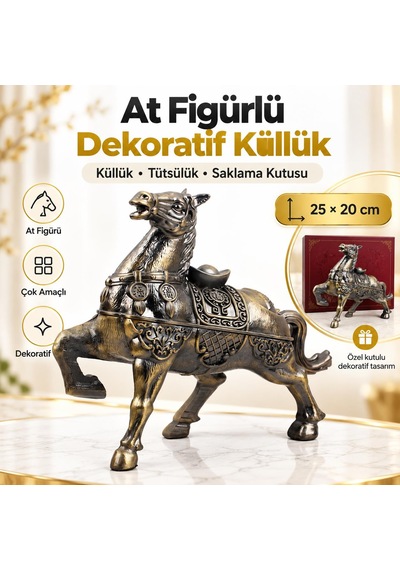 Lüks Alaşım Metal At Figürlü Kapaklı Dekoratif Küllük Ve Takı Saklama Kutusu Metal Biblo 25 X 20 Cm 73066474