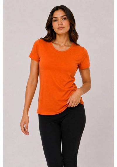 Kadın Basic Tişört Bisiklet Yaka Kısa Kol Günlük Yazlık Slim Fit T-shirt - Turuncu