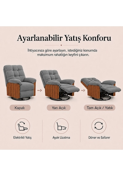 Smarto Relax Porto Tv Koltuğu Ahşap Yan Panelli Döner Ve Elektrikli Döner Sallanan Kontrollü Nefes Alabilir Kumaş Baba Koltuğu Gri