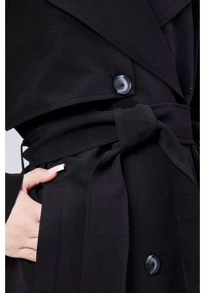 Siyah Oversize Astarlı Uzun Trençkot Siyah