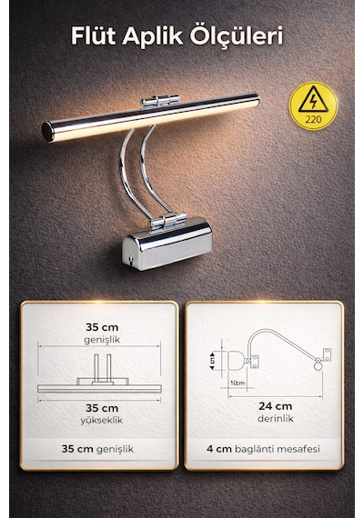 Merwish 35 Cm Flüt Led Aplik 3200k Sarı Işık Kablolu Duvar Apliği 220v Elektrik Bağlantılı Modern Tasarım Krom