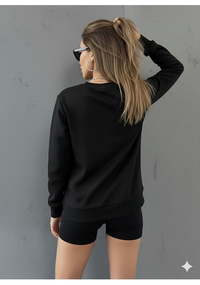 Uyguntarz Unisex Papatya Kelebek Baskılı Tasarım Oversize Bisiklet Yaka Sweatshirt siyah