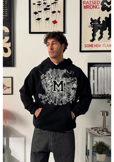 Flaw M Baskılı Hoodie-28671 Sİyah